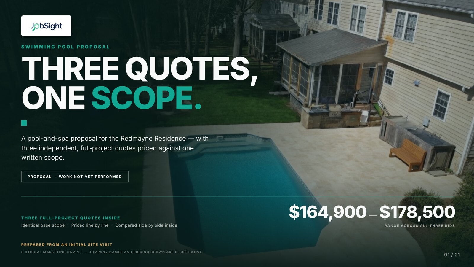 Cover of a sample JobSight pool project guide headlined Three Quotes, One Scope, showing a quote range of $164,900 to $178,500.